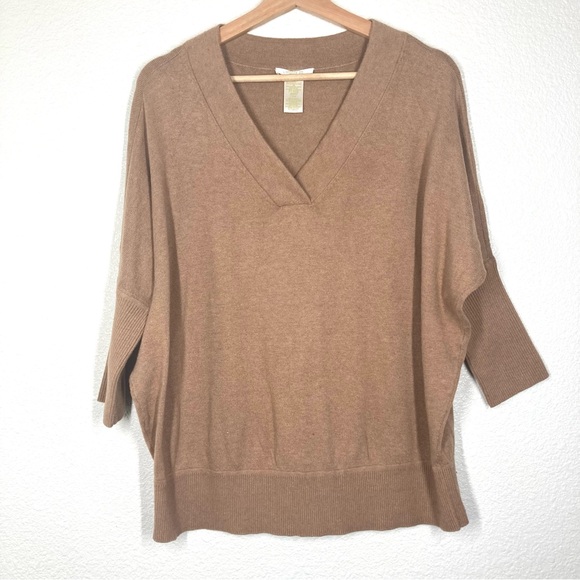 Matty M Women's Pullover 3/4 Sleeve V Neck Sweater Tan Medium Minimalist 6%wool - Picture 1 of 15